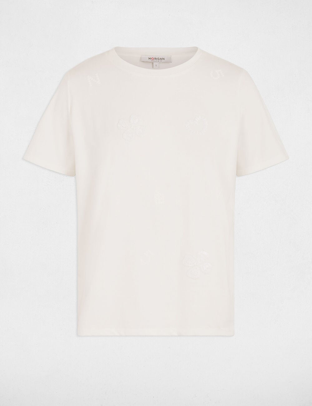T-shirt brod&eacute; col rond blanc femme