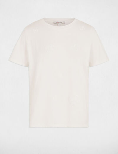 T-shirt brod&eacute; col rond blanc femme