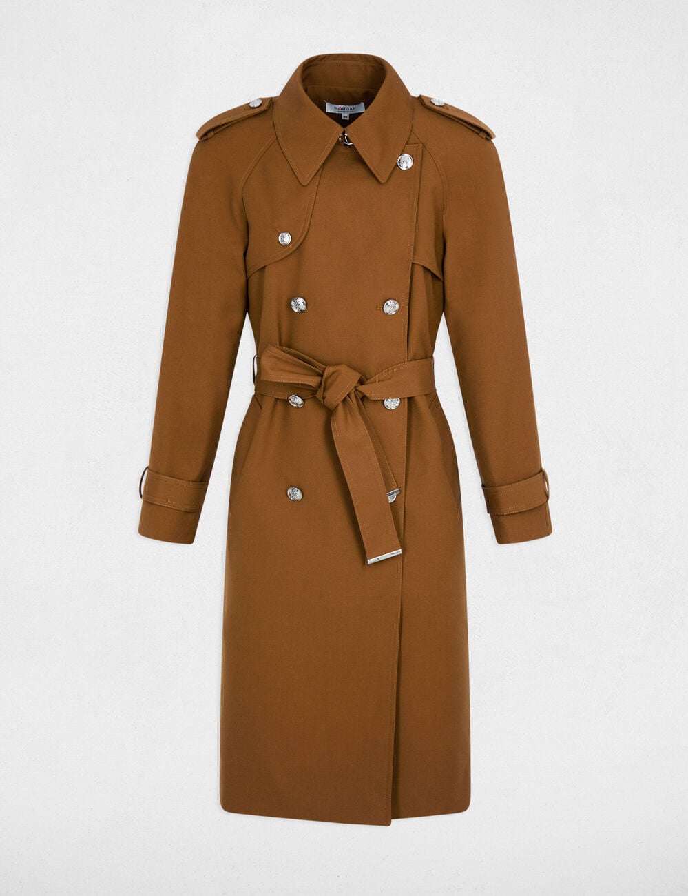 Trench long ceintur&eacute; camel femme