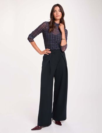 Pantalon large &agrave; plis bleu marine femme