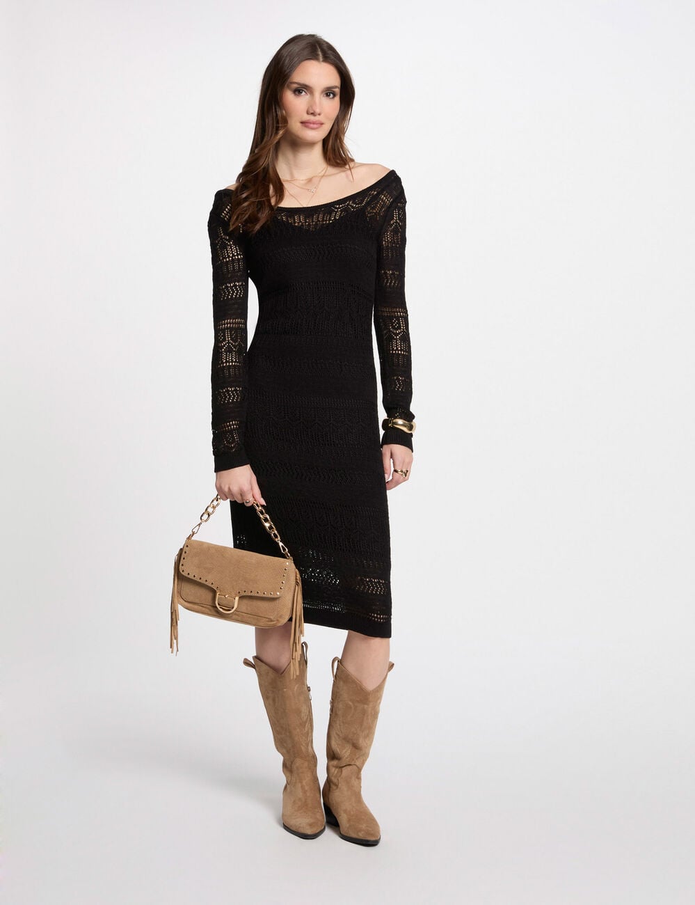 Robe tricot longue ajust&eacute;e noir femme