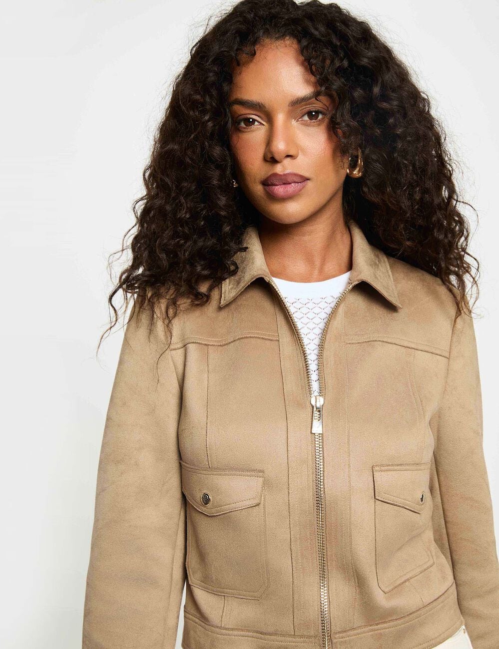 Blouson court su&eacute;dine taupe femme