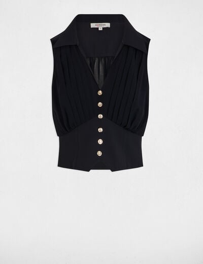 Top pliss&eacute; sans manches bleu marine femme