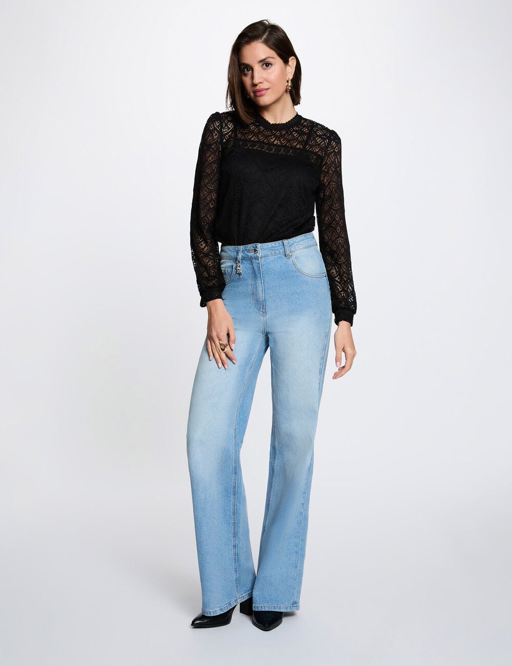 T-shirt dentelle manches longues noir femme