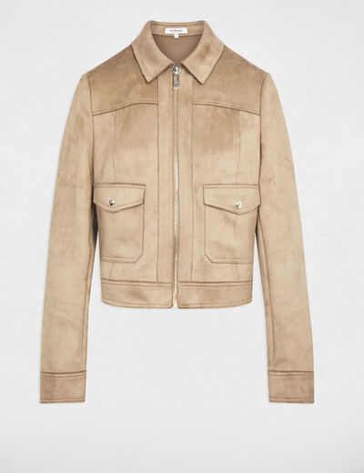 Blouson su&eacute;dine zipp&eacute; taupe femme