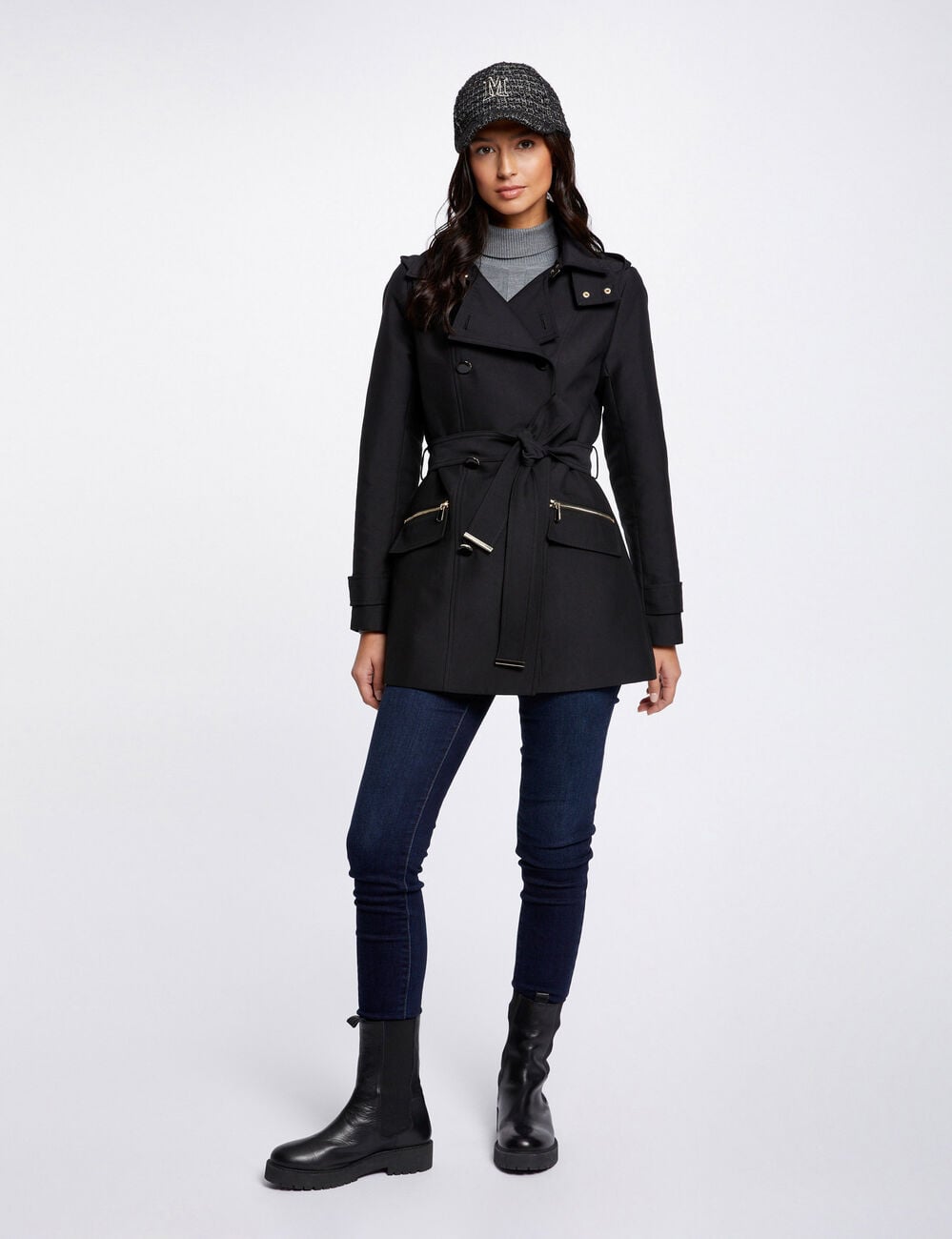 Trench cintr&eacute; ceintur&eacute; &agrave; capuche noir femme