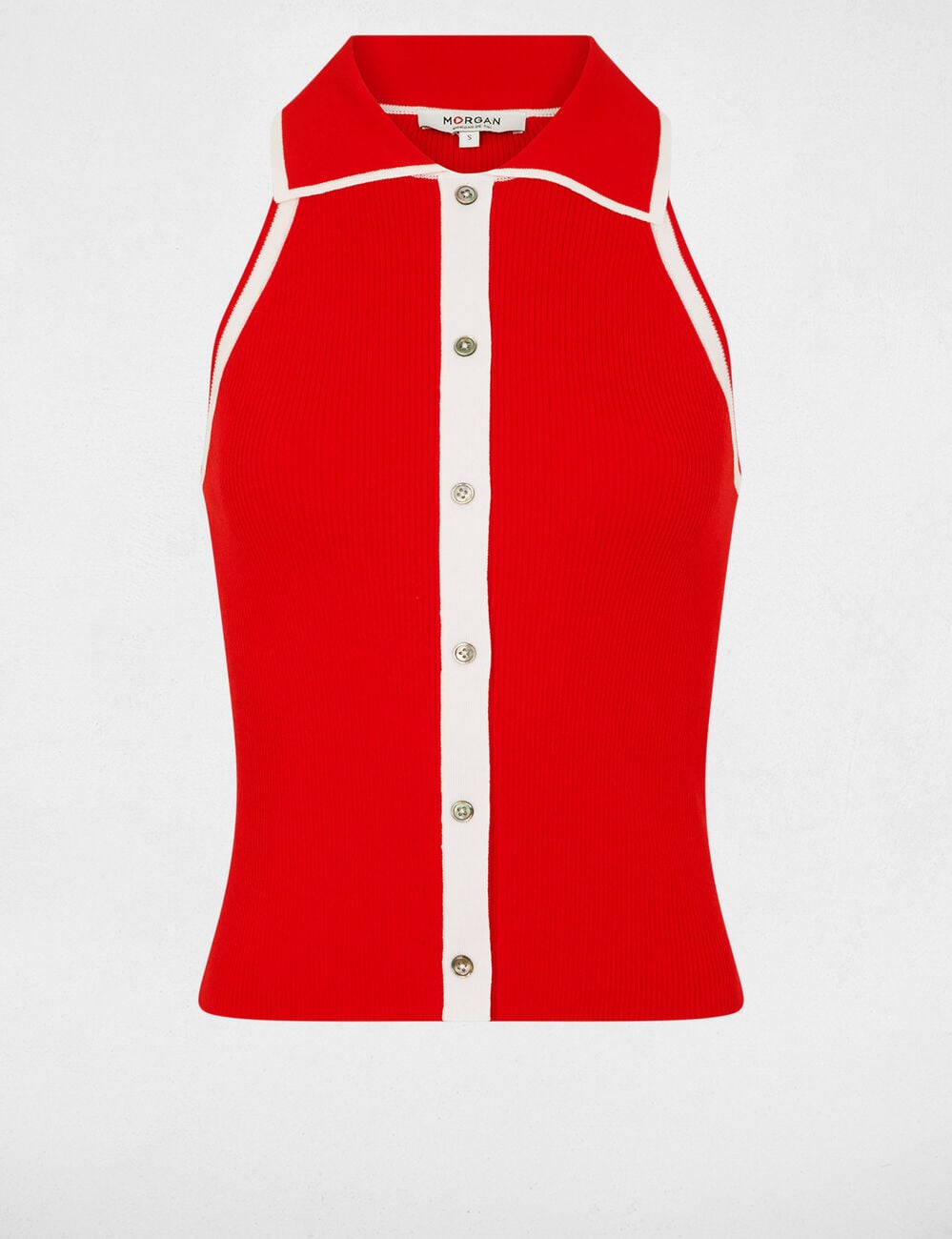 Pull ajust&eacute; col &agrave; revers rouge vif femme