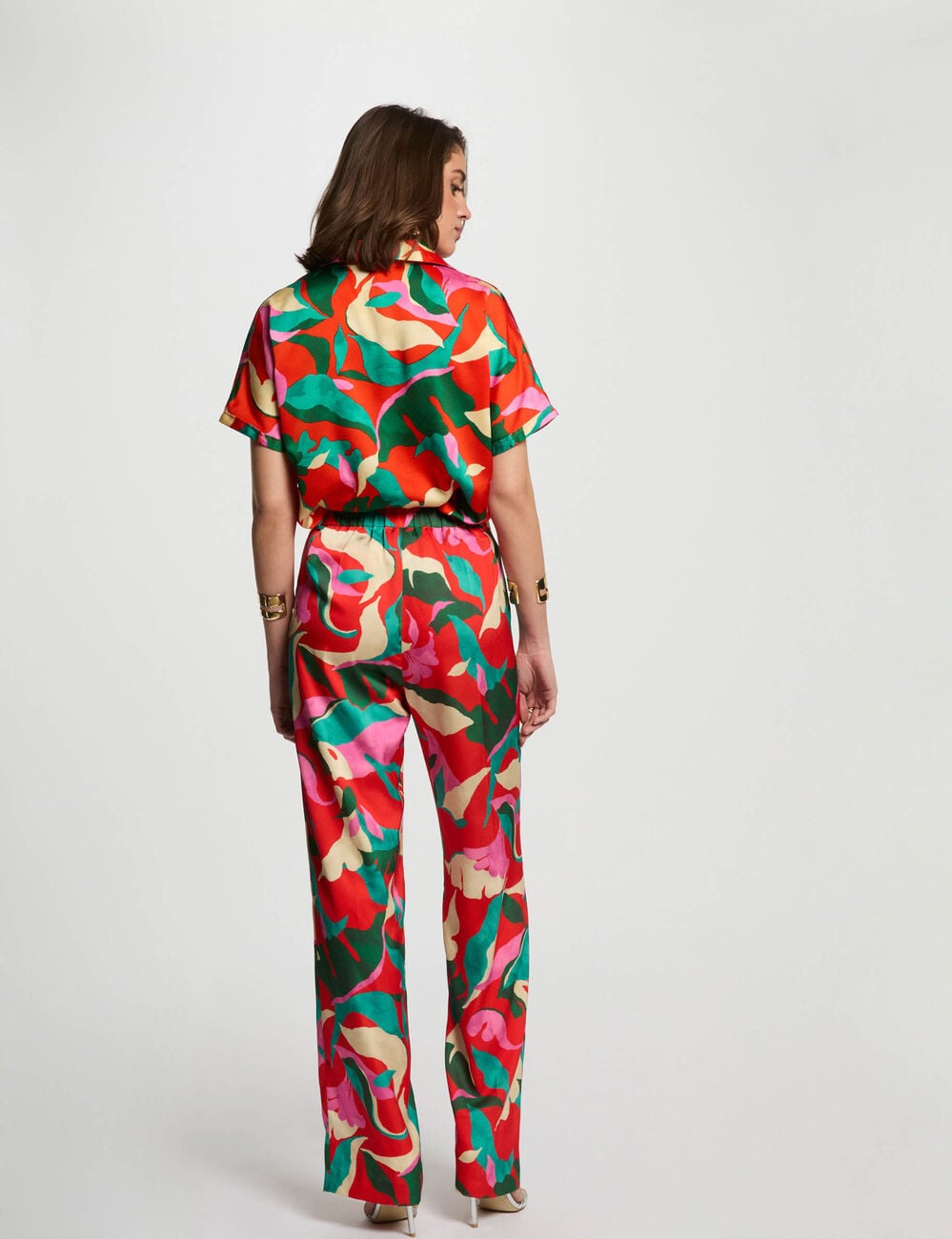 Pantalon droit imprim&eacute; multicolore femme