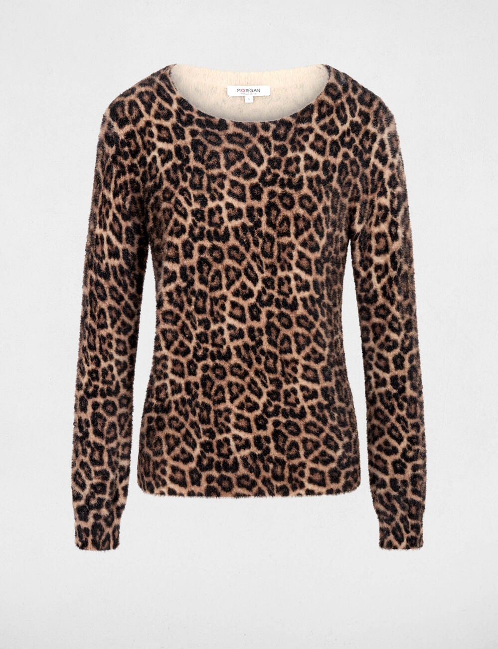 Pull col rond l&eacute;opard beige femme