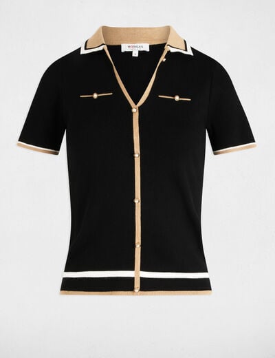 Pull col polo manches courtes noir femme