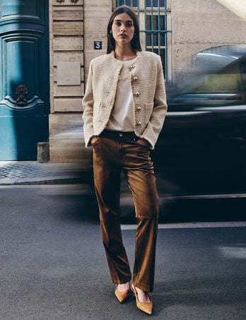 Pantalon droit su&eacute;dine marron chocolat femme