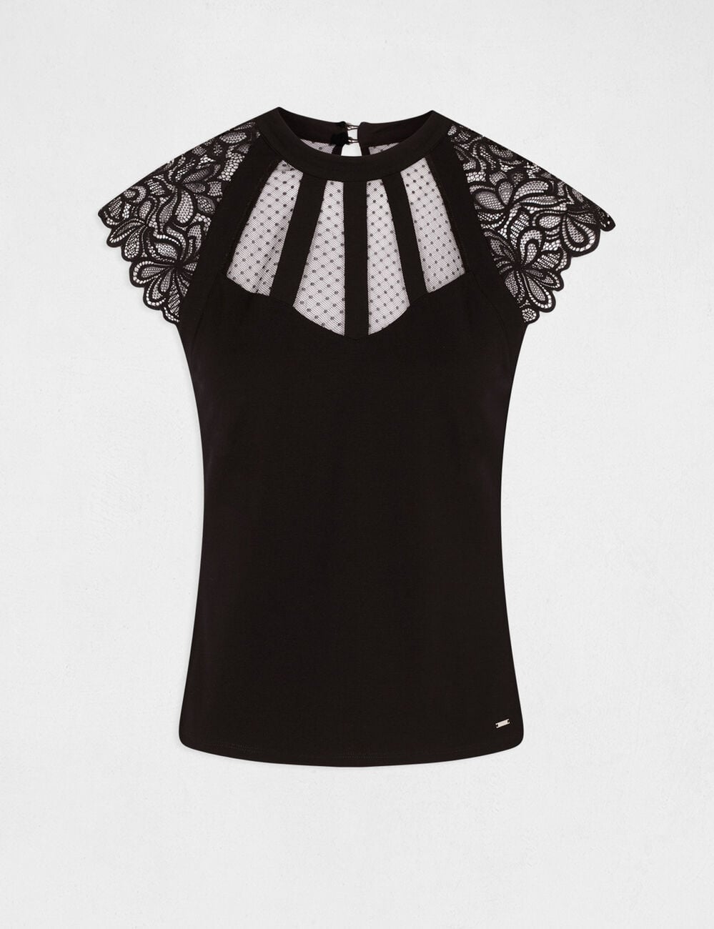 T-shirt dentelle col montant noir femme