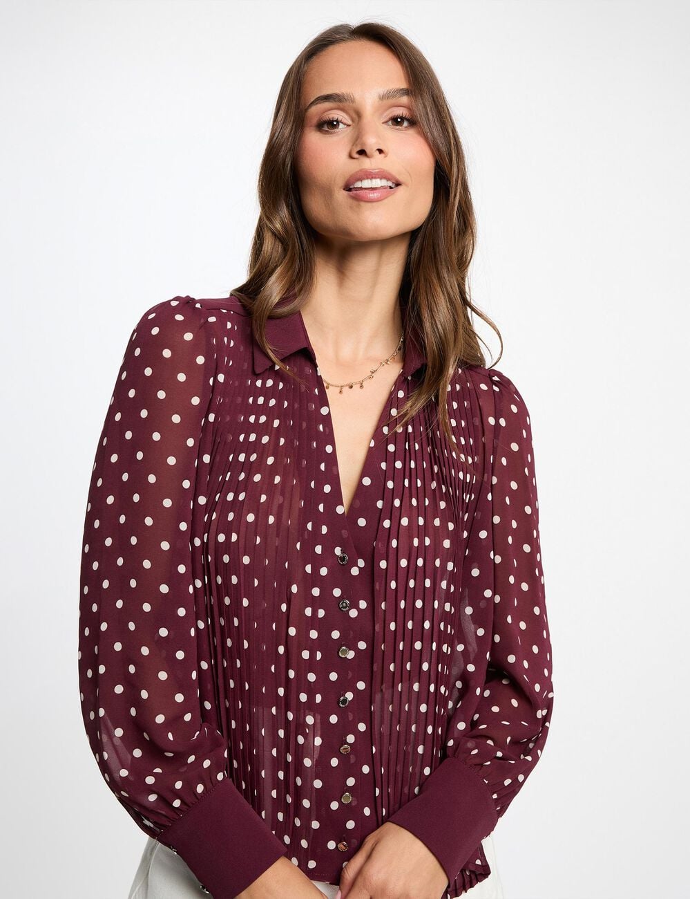 Chemise manches longues &agrave; pois bordeaux femme