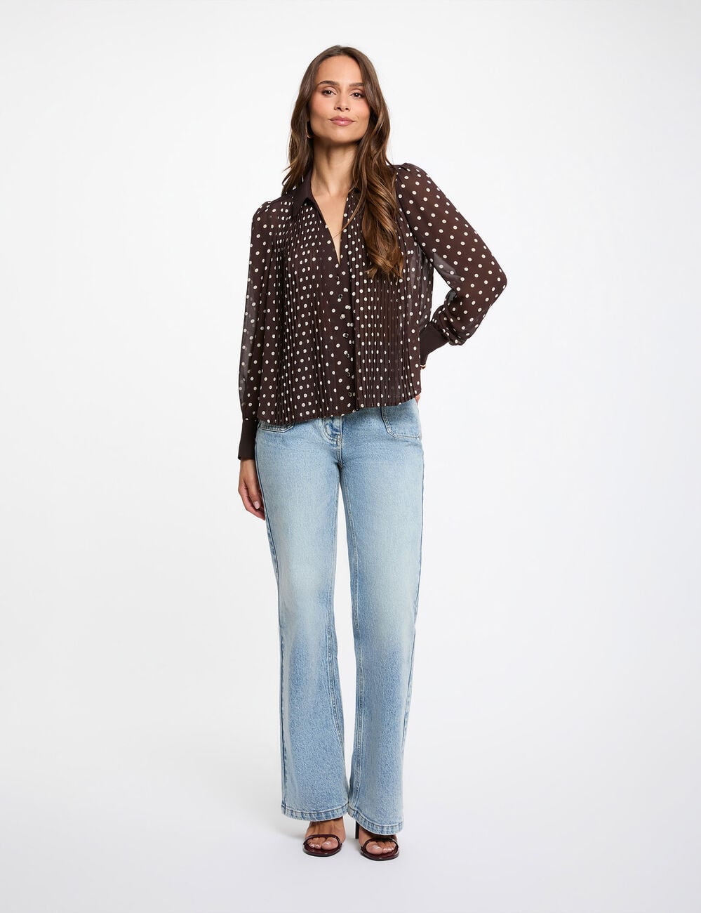 Chemise manches longues &agrave; pois marron fonc&eacute; femme