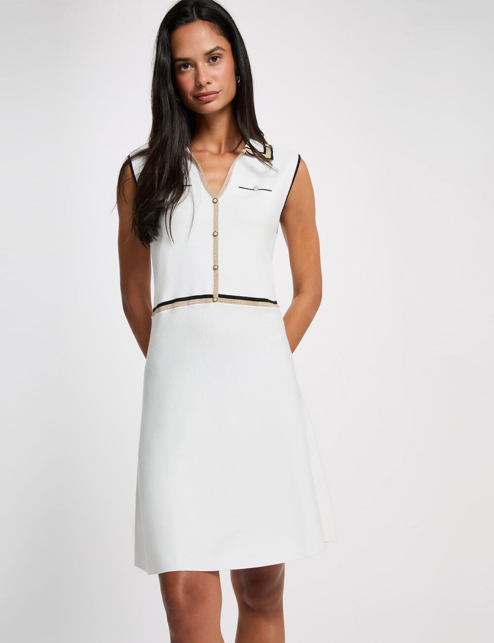 Robe tricot col &agrave; revers blanc femme