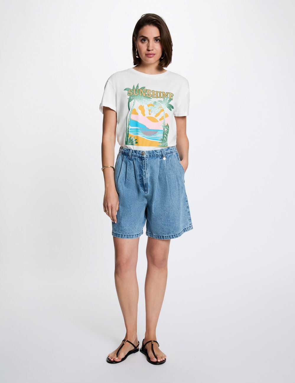 T-shirt imprim&eacute; col rond blanc femme