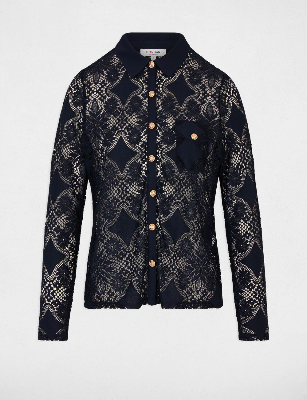Chemise dentelle col &agrave; revers bleu marine femme