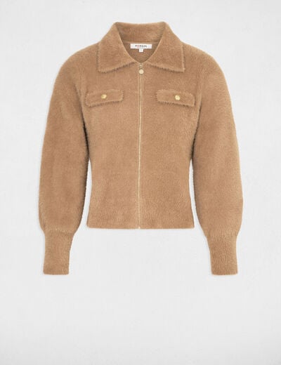Gilet manches longues col &agrave; revers camel femme