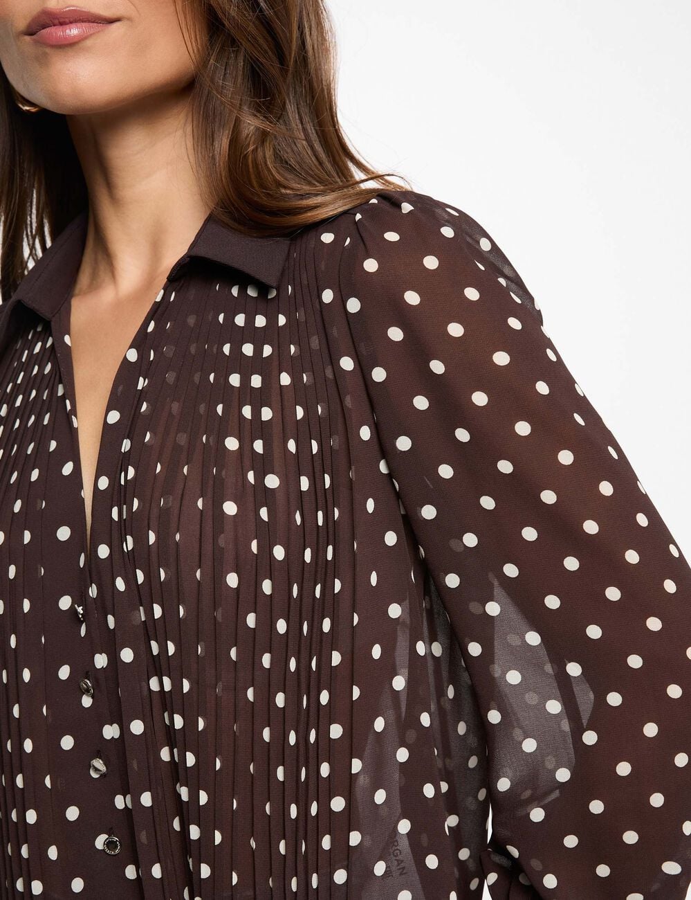 Chemise manches longues &agrave; pois marron fonc&eacute; femme