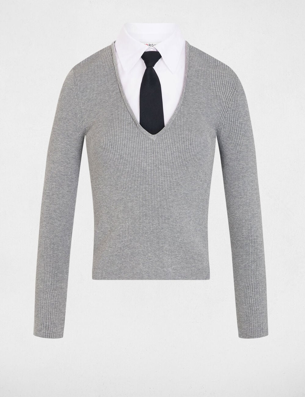 Pull 2-en-1 col &agrave; revers gris clair femme