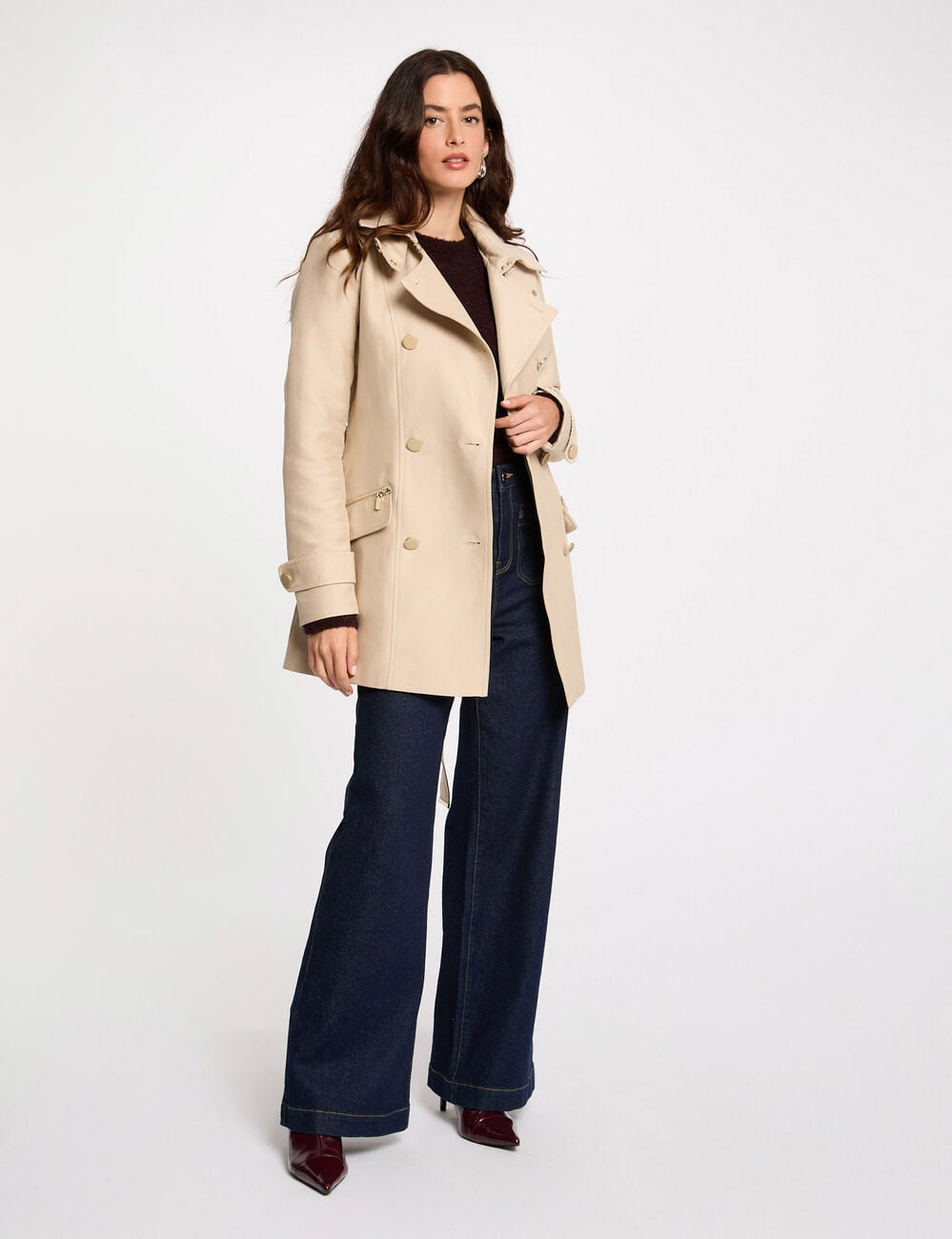 Trench cintr&eacute; ceintur&eacute; &agrave; capuche sable femme