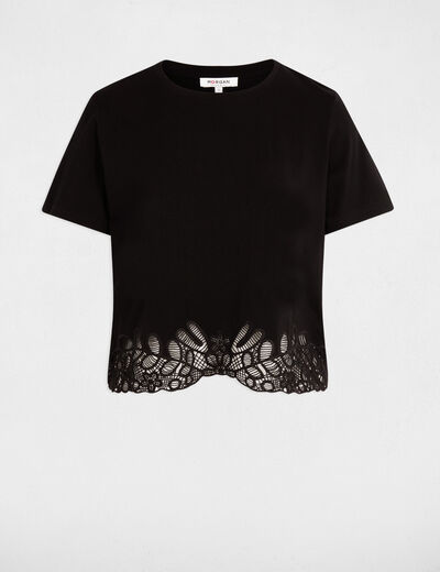 T-shirt brod&eacute; col rond noir femme