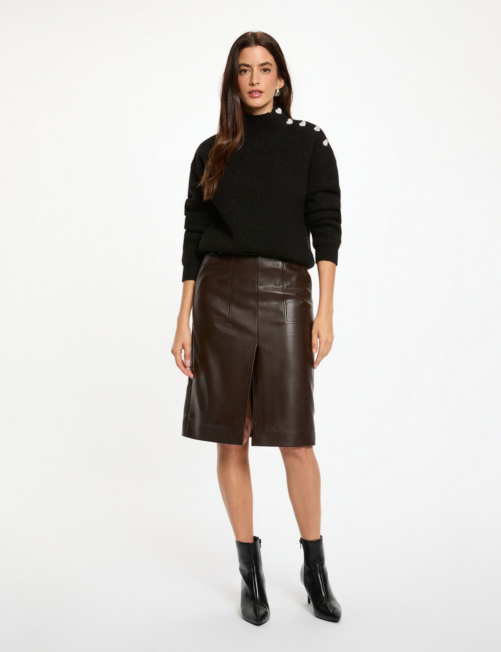 Jupe ajust&eacute;e simili cuir marron fonc&eacute; femme