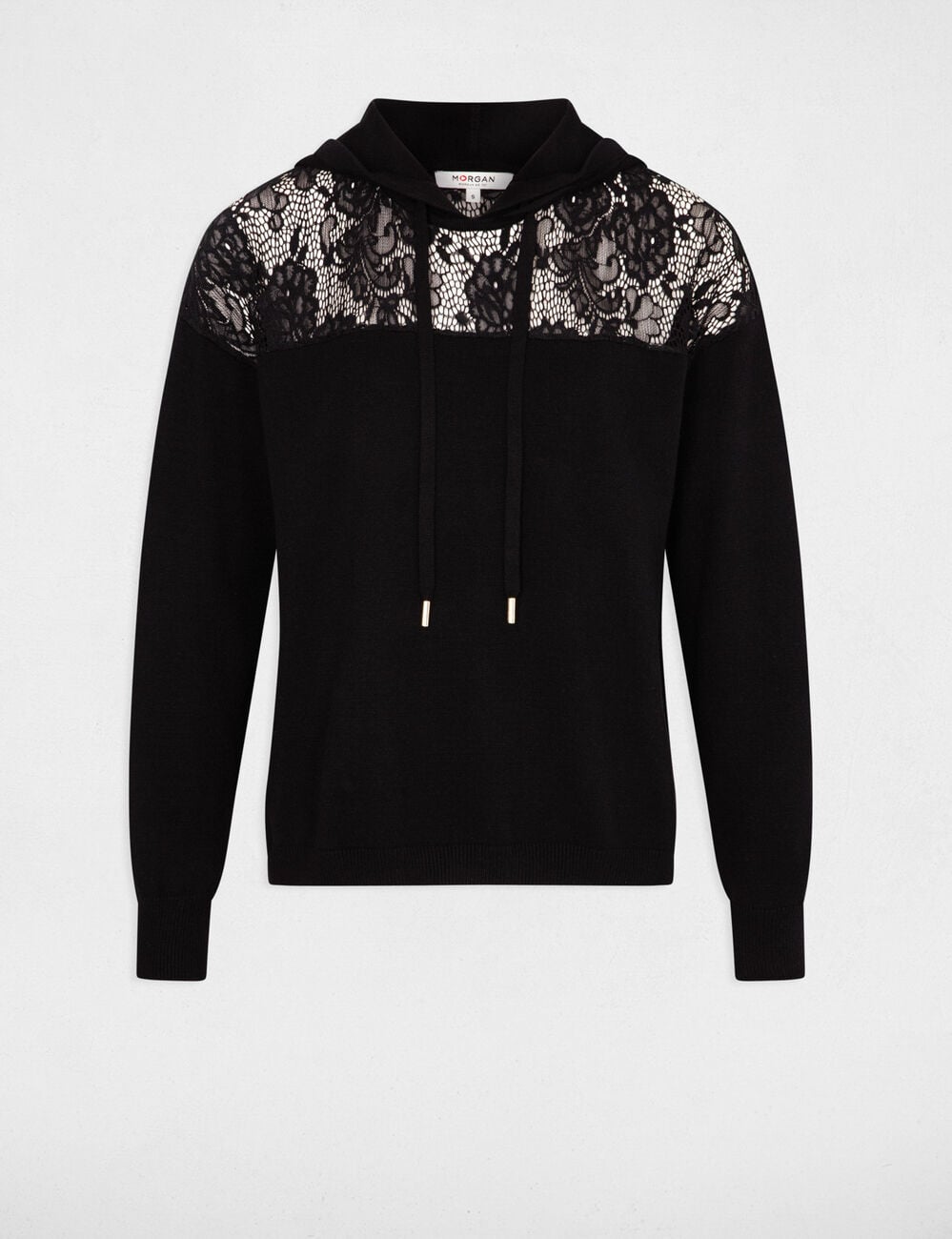 Pull capuche d&eacute;tails dentelle noir femme