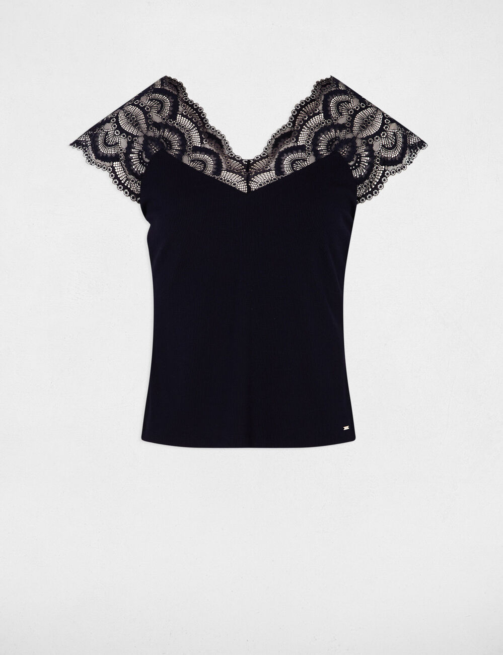 T-shirt dentelle col v bleu marine femme
