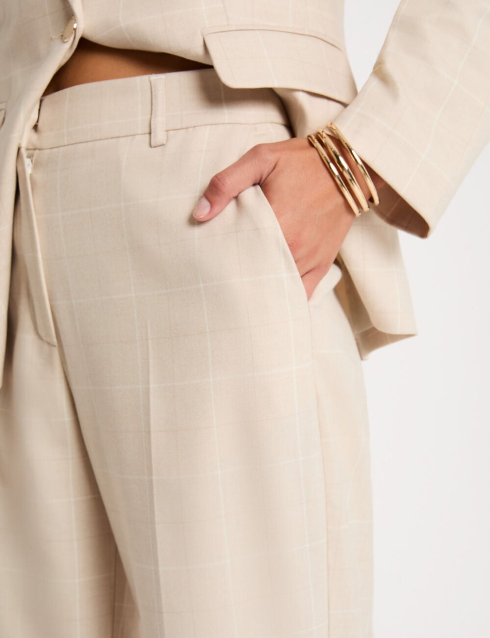 Pantalon droit taille haute beige femme