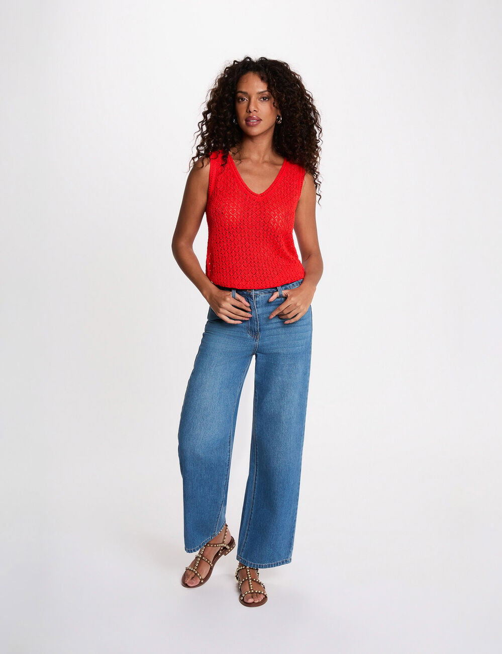 Top crochet col v rouge vif femme