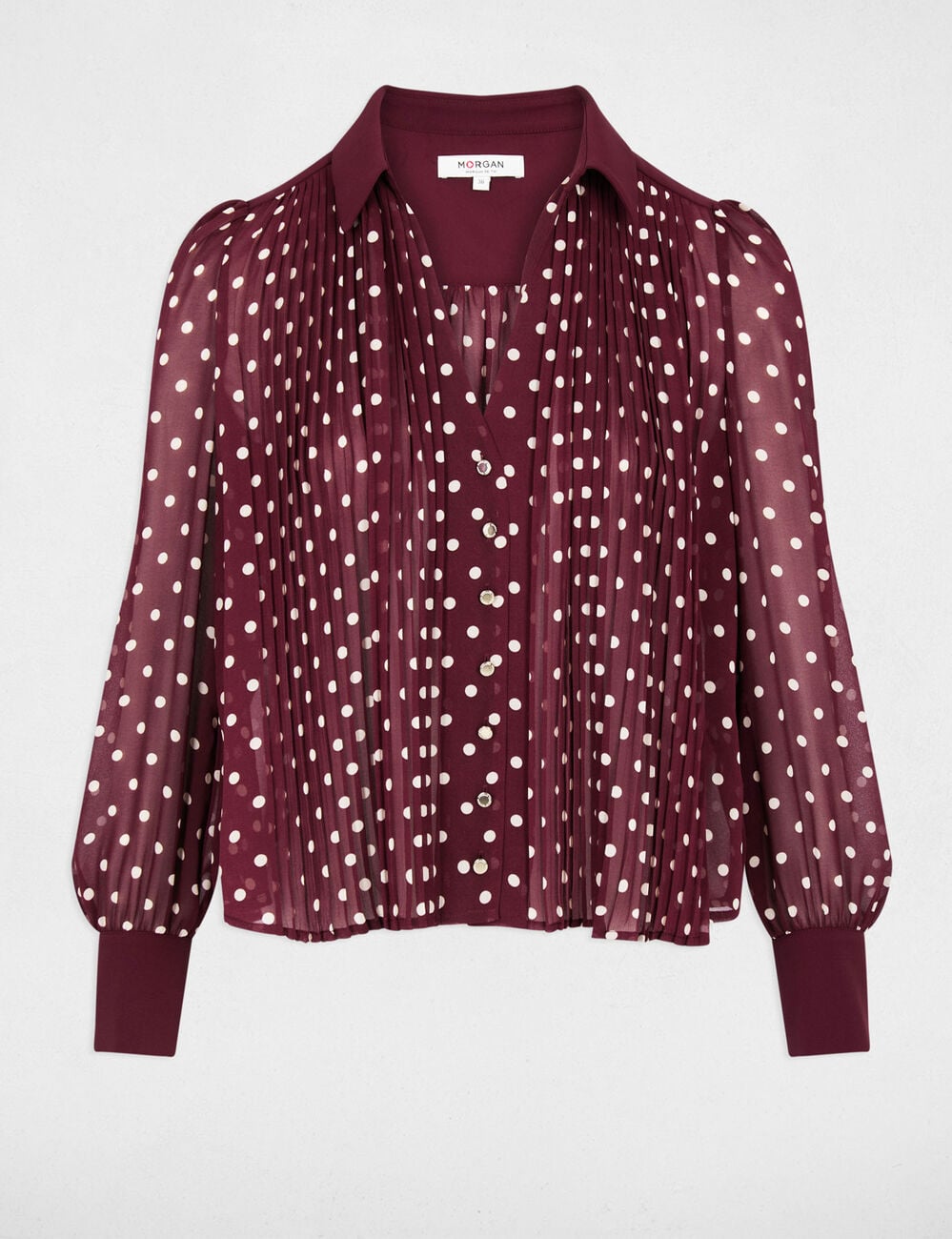 Chemise manches longues &agrave; pois bordeaux femme