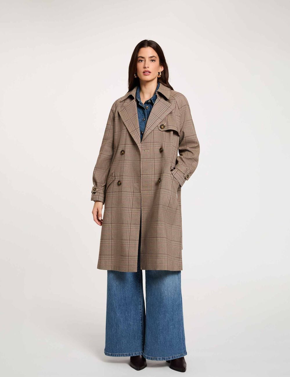 Trench long ceintur&eacute; multicolore femme