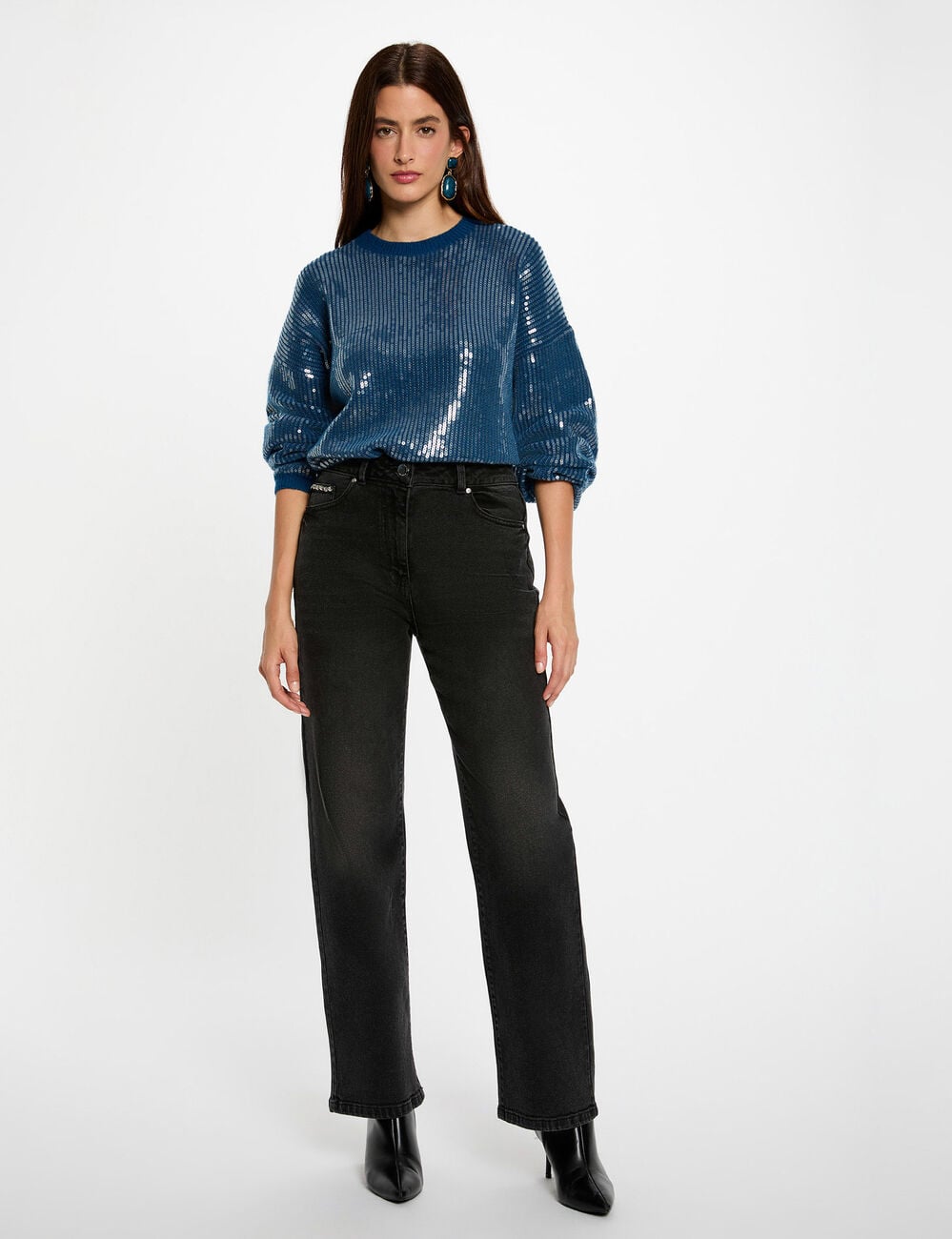 Pull sequins col rond bleu p&eacute;trole femme