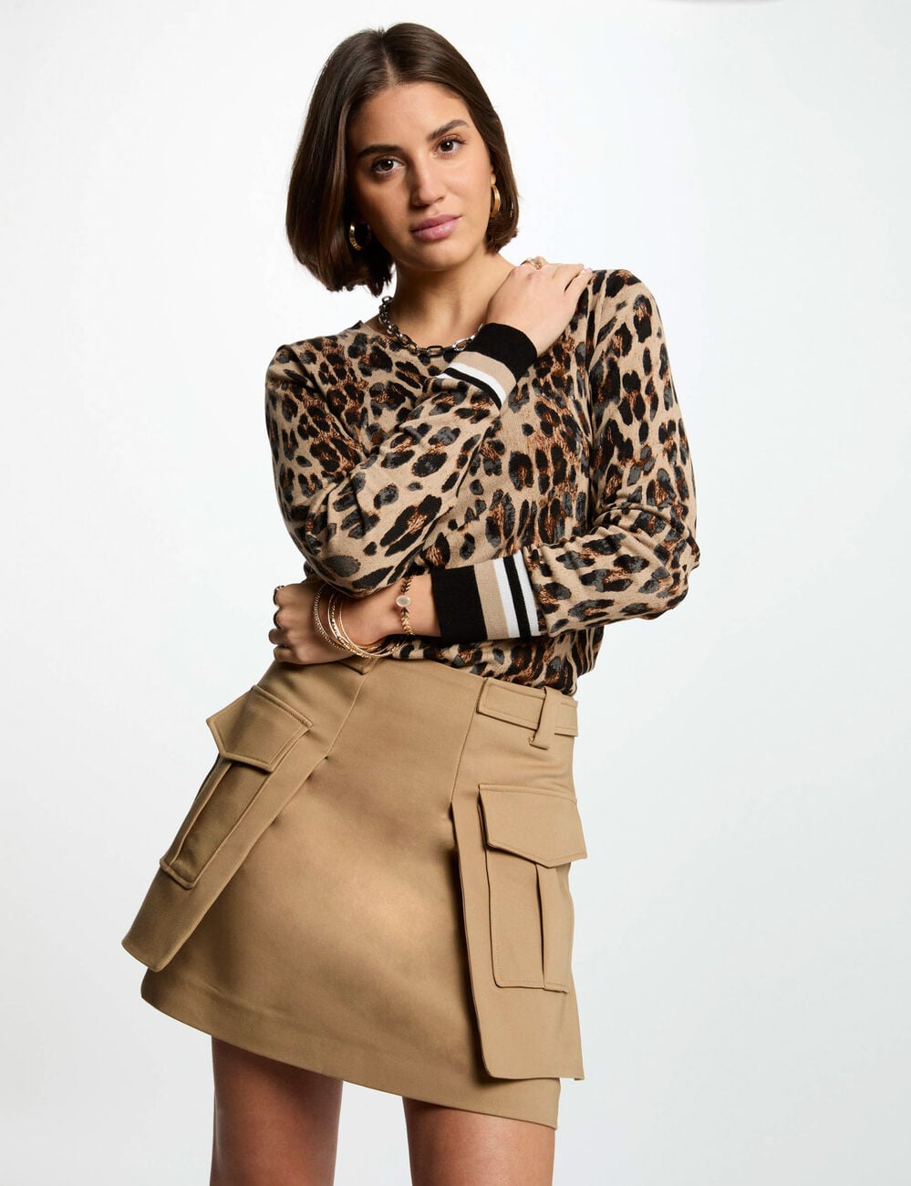 Jupe courte poches c&ocirc;t&eacute;s beige femme
