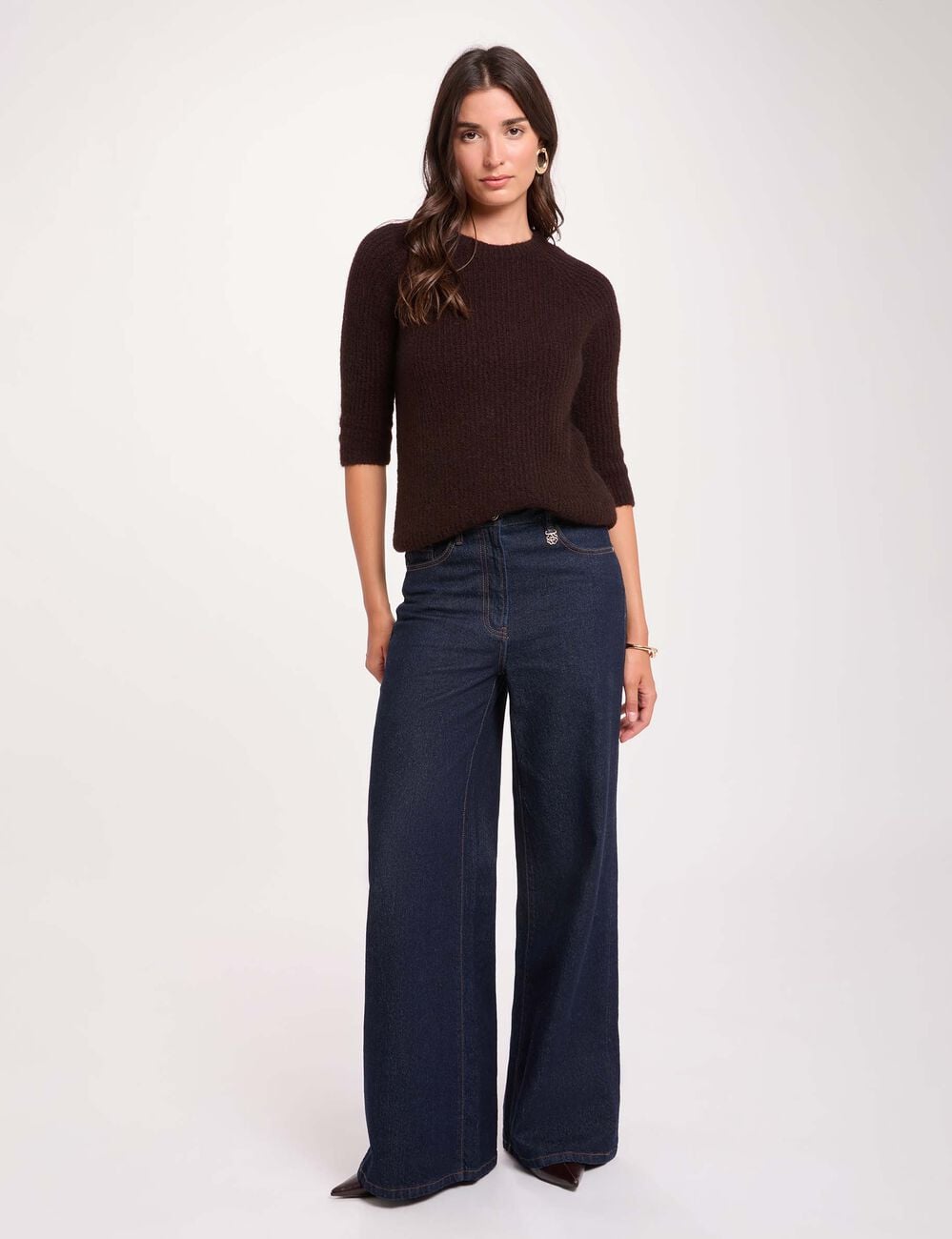 Pull maille duveteuse marron fonc&eacute; femme
