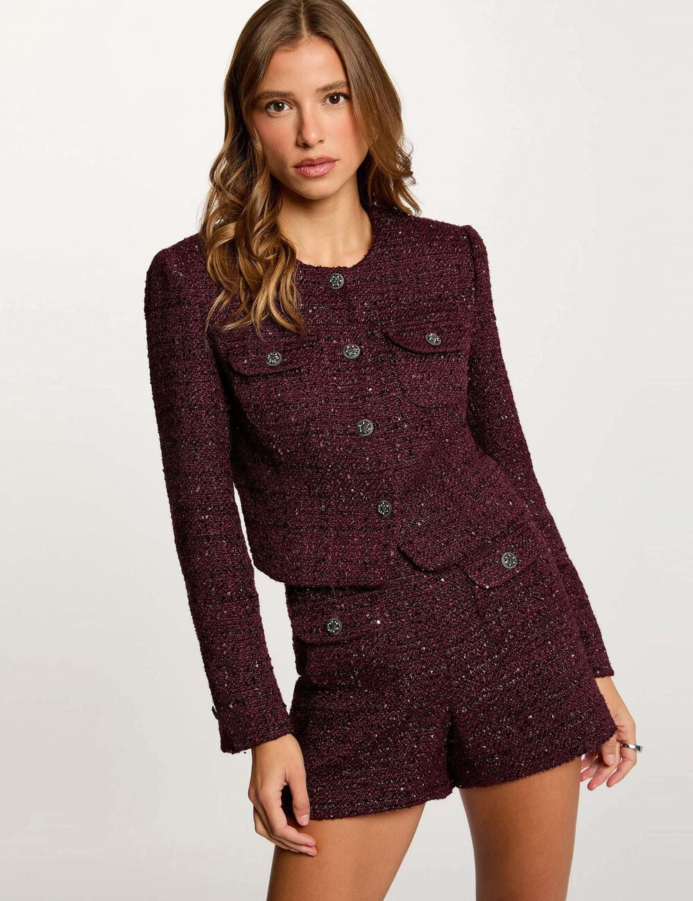 Short tweed taille haute prune femme