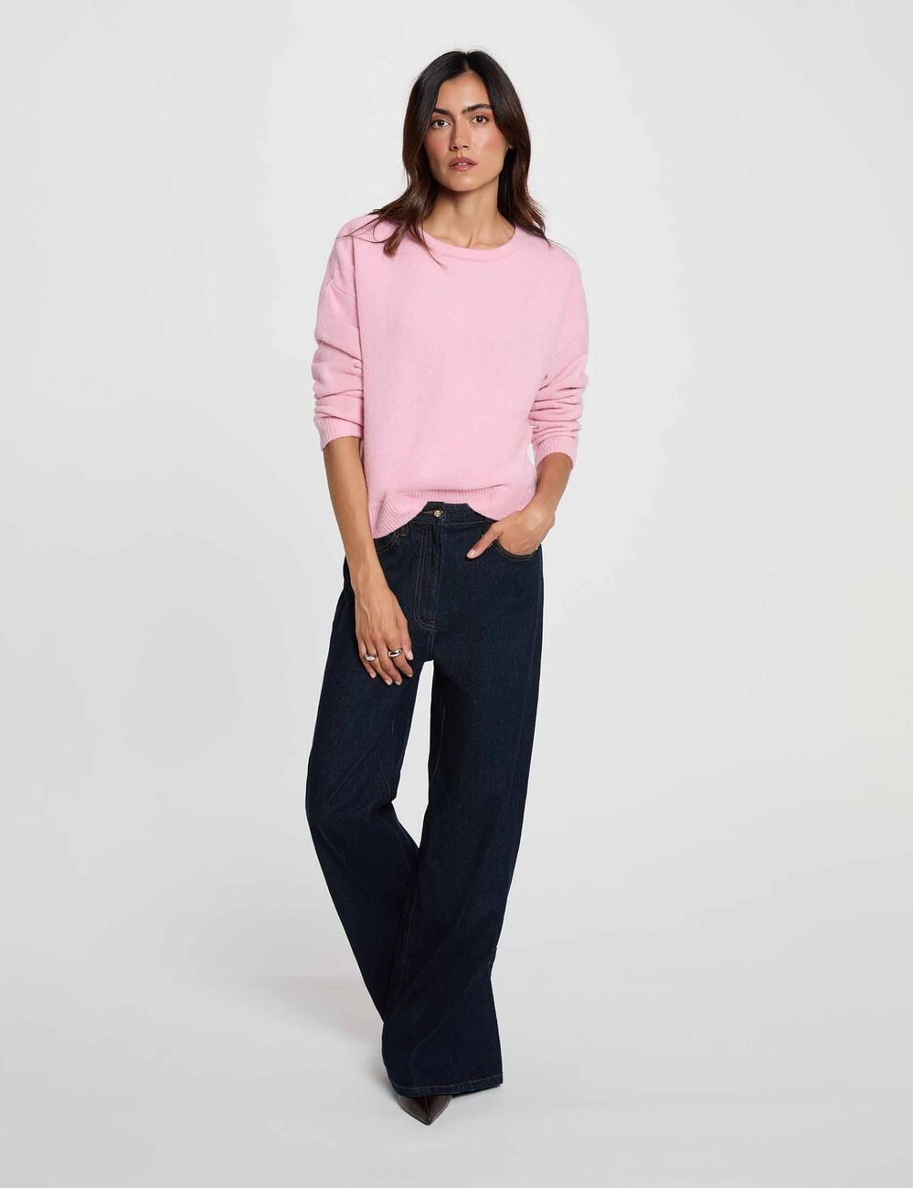 Pull col rond rose pastel femme