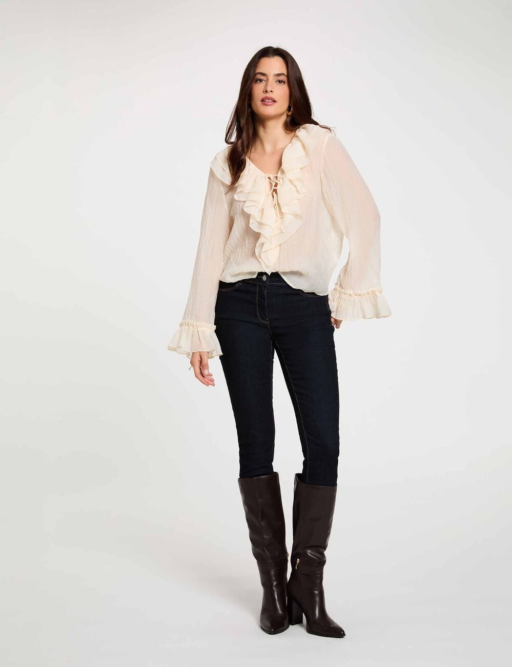 Chemise col v pliss&eacute;e ivoire femme