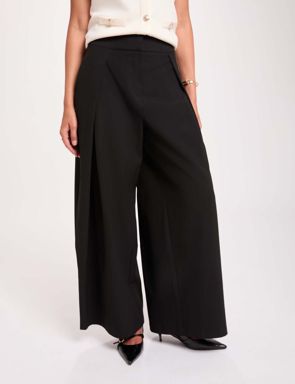 Pantalon taille haute large noir femme