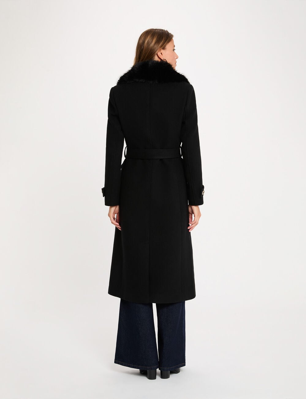 Manteau long ceintur&eacute; noir femme