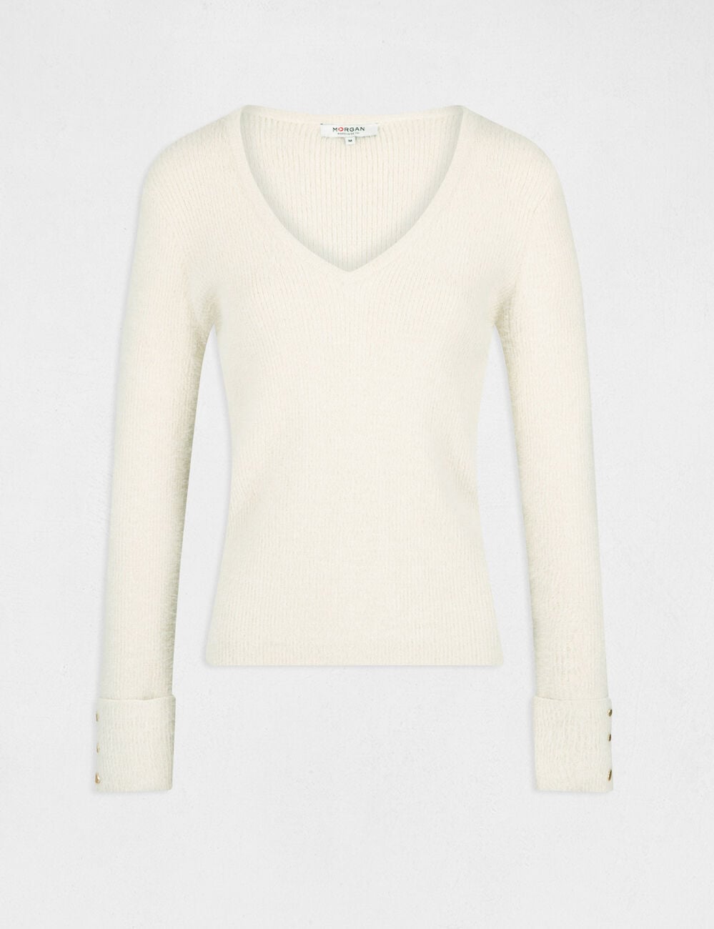 Pull manches longues avec col en V ivoire femme