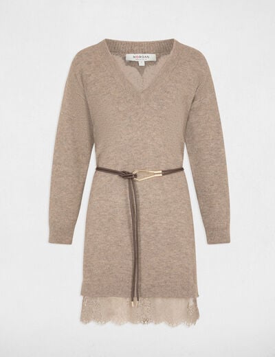 Robe tricot col v taupe femme