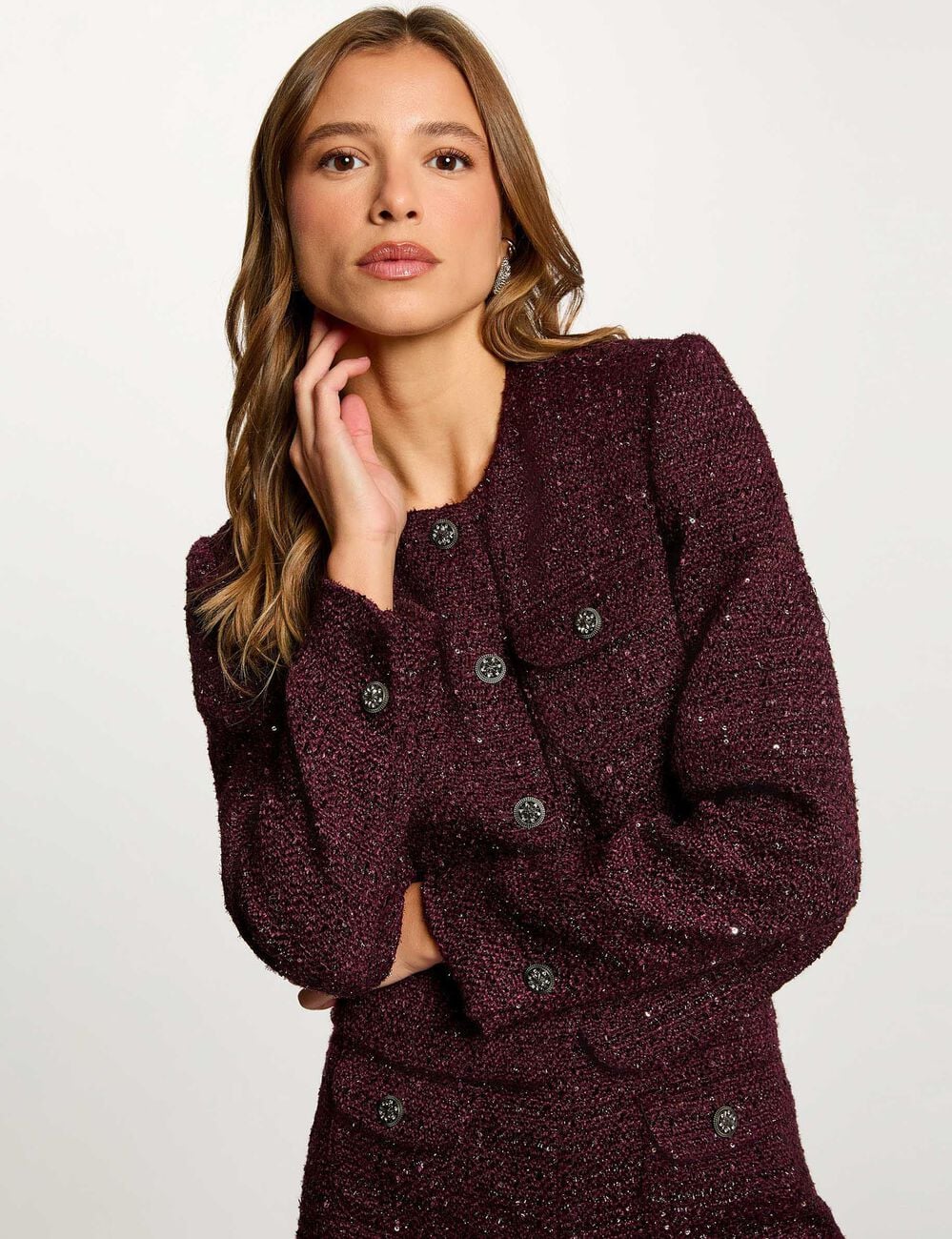 Veste ajust&eacute;e col rond prune femme