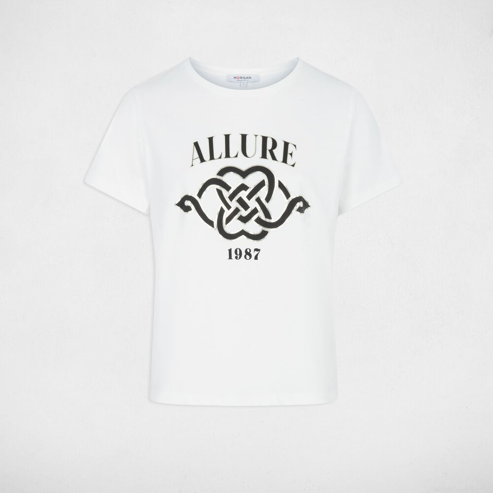 T-shirt imprim&eacute; col rond blanc femme
