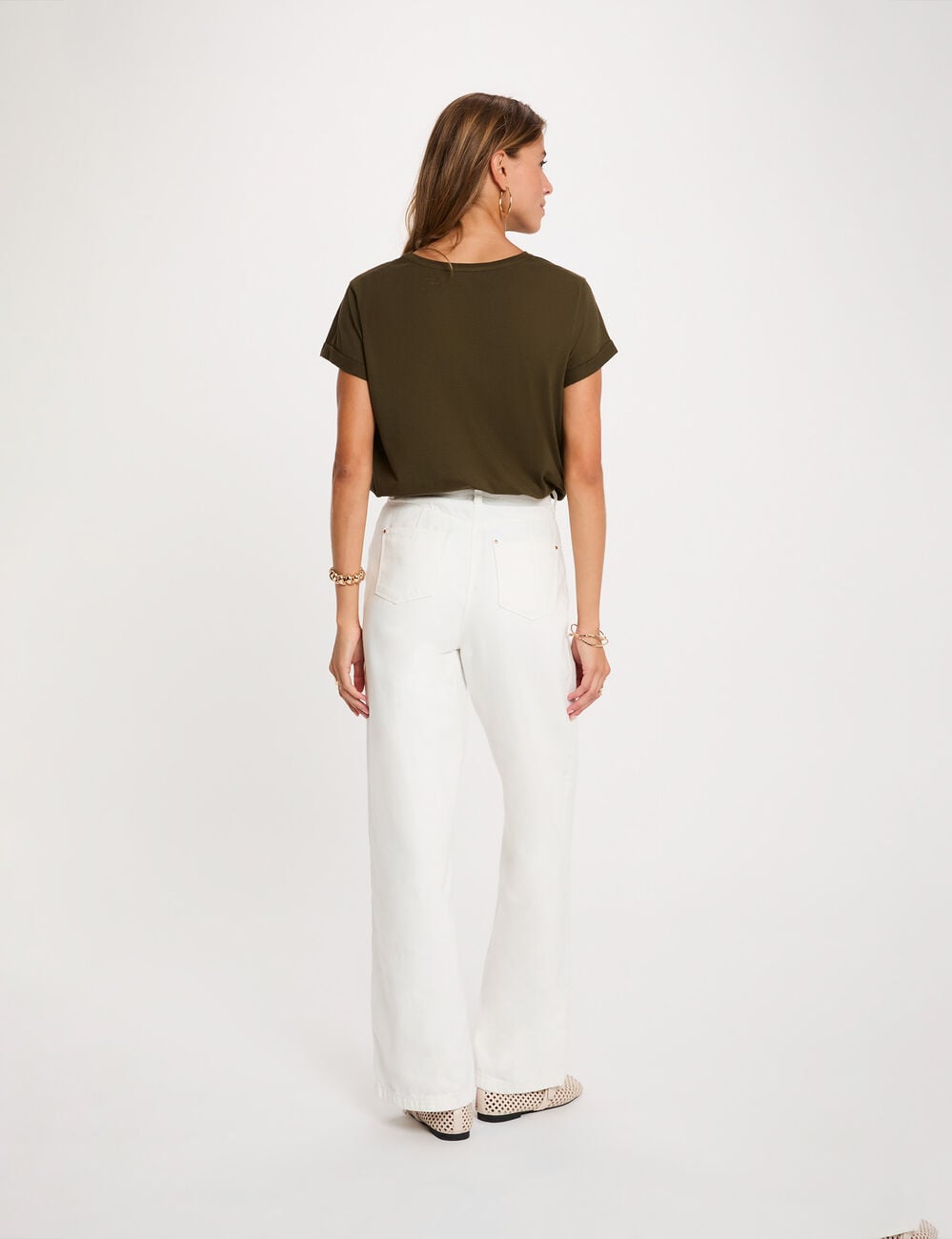 T-shirt col rond manches courtes vert kaki femme