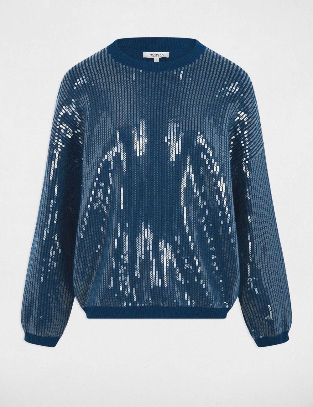 Pull sequins col rond bleu p&eacute;trole femme
