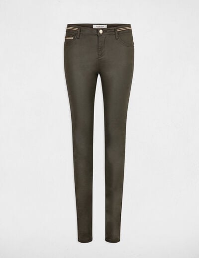 Pantalon slim enduit vert fonc&eacute; femme