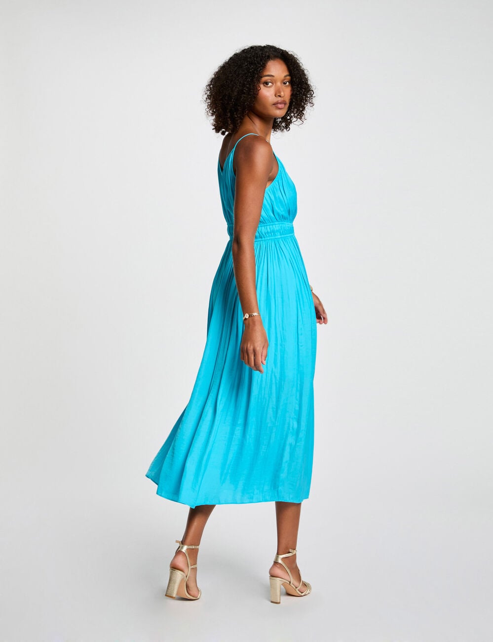 Robe midi droite pliss&eacute;e bleu ciel femme