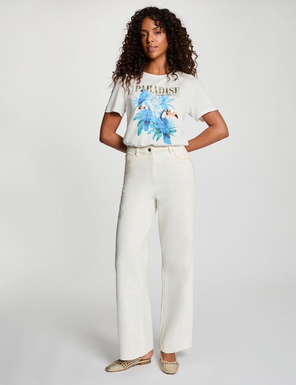 T-shirt imprim&eacute; col rond blanc femme